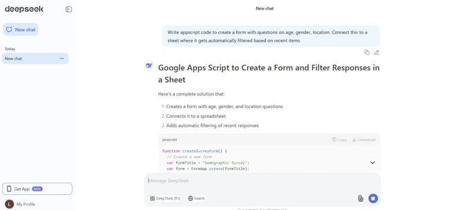 deepseek google apps script, code for script generation
